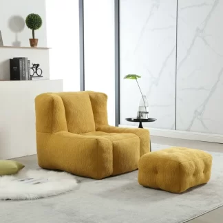 Kumix Fluffy Bean Bag Chair, Comfortable Bean Bag for Adults, Super Soft Lazy Sofa Chair with Memory Foam and Ottoman, Indoor Modern Bean Bag Chair for Living Room, Bedroom, Apartment, Yellow