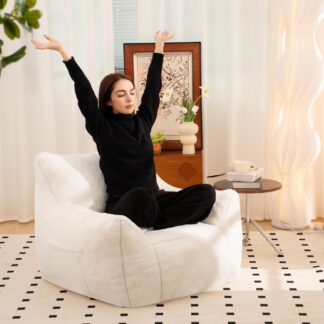 Kumix Bean Bag Chair, Comfy Bean Bag Sofa with Back Support, Faux Fur Bean Bag Chair for Adults, Stuffed Floor Sofa for Living Room, Bedroom, Apartment, Beanbag Chair with Foam Filler, White