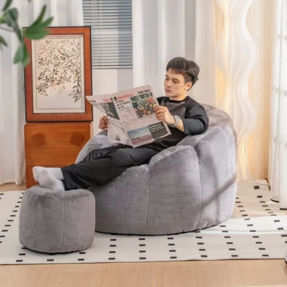 Kumix Giant Bean Bag Chair with Foot Pedals, Oversized Bean Bag Couch for Adults and Kids, Faux Fur Shell-Shaped Large Bean Bag Chair with Filler, Pumpkin Shape Sofa Chair for Reading (Gray)