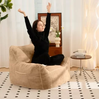Kumix Bean Bag Chair, Comfy Bean Bag Sofa with Back Support, Faux Fur Bean Bag Chair for Adults, Stuffed Floor Sofa for Living Room, Bedroom, Apartment, Beanbag Chair with Foam Filler, Khaki