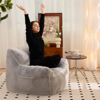 Kumix Bean Bag Chair, Comfy Bean Bag Sofa with Back Support, Faux Fur Bean Bag Chair for Adults, Stuffed Floor Sofa for Living Room, Bedroom, Apartment, Beanbag Chair with Foam Filler, Grey