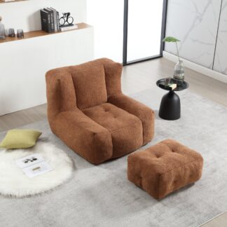 Kumix Fluffy Bean Bag Chair, Comfortable Bean Bag for Adults, Super Soft Lazy Sofa Chair with Memory Foam and Ottoman, Indoor Modern Bean Bag Chair for Living Room, Bedroom, Apartment, Brown