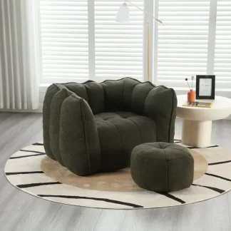 Kumix Bean Bag Chair with Armrests & Back Support, Chenille Reading Chair with Memory Foam, High Resilient Foam(Chips), Single Beanbag Sofa for Living Room, Bedroom, Game Room, Dorms, Olive Green