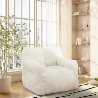 Kumix Bean Bag Chairs for Adults Oversize Bean Bag Sofa Chair with High Density Memory Foam Bean Bag Chair Lazy Chair with Armrest, Adult Beanbag for Bedroom, Living Room, Office, White