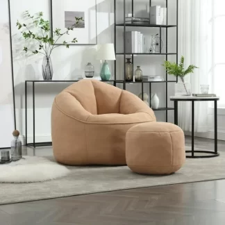 Kumix Bedding Bean Bag Sofa Chair with Footstool, Petal Back, Microfiber Upholstered Bean Bag Sofa High Pressure, Shell-Shaped Beanbag Chair, Memory Foam Stuffed Lazy Sofa for Bedroom, Tan