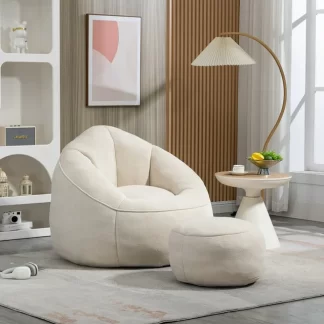 Kumix Bedding Bean Bag Sofa Chair with Footstool, Petal Back, Microfiber Upholstered Bean Bag Sofa High Pressure, Shell-Shaped Beanbag Chair, Memory Foam Stuffed Lazy Sofa for Bedroom, Beige