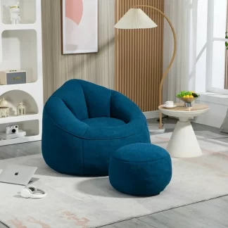 Kumix Bedding Bean Bag Sofa Chair with Footstool, Petal Back, Microfiber Upholstered Bean Bag Sofa High Pressure, Shell-Shaped Beanbag Chair, Memory Foam Stuffed Lazy Sofa for Bedroom, Blue