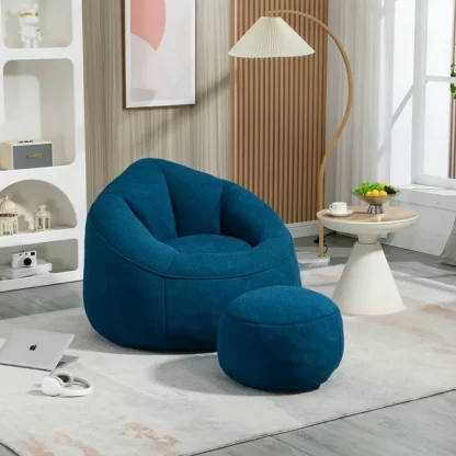 Kumix Bedding Bean Bag Sofa Chair with Footstool, Petal Back, Microfiber Upholstered Bean Bag Sofa High Pressure, Shell-Shaped Beanbag Chair, Memory Foam Stuffed Lazy Sofa for Bedroom, Blue