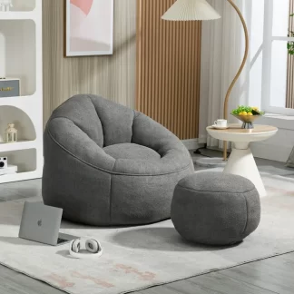 Kumix Bedding Bean Bag Sofa Chair with Footstool, Petal Back, Microfiber Upholstered Bean Bag Sofa High Pressure, Shell-Shaped Beanbag Chair, Memory Foam Stuffed Lazy Sofa for Bedroom, Gray