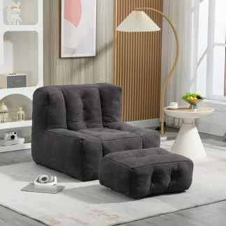 Kumix Fluffy Bean Bag Chair, Comfortable Bean Bag for Adults, Super Soft Lazy Sofa Chair with Memory Foam and Ottoman, Indoor Modern Bean Bag Chair for Living Room, Bedroom, Apartment, Black