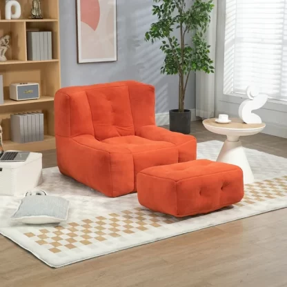 Kumix Fluffy Bean Bag Chair, Comfortable Bean Bag for Adults, Super Soft Lazy Sofa Chair with Memory Foam and Ottoman, Indoor Modern Bean Bag Chair for Living Room, Bedroom, Apartment, Red