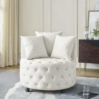 Kumix Velvet Upholstered Swivel Chair for Living Room, with Button Tufted Design and Movable Wheels, Including 3 Pillows, Lazy Swivel Chair for Kids Teens Adults, Beige