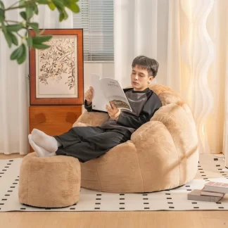 Kumix Giant Bean Bag Chair with Foot Pedals, Oversized Bean Bag Couch for Adults and Kids, Faux Fur Shell-Shaped Large Bean Bag Chair with Filler, Pumpkin Shape Sofa Chair for Reading (Khaki)
