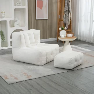 Kumix Fluffy Bean Bag Chair, Comfortable Bean Bag for Adults, Super Soft Lazy Sofa Chair with Memory Foam and Ottoman, Indoor Modern Bean Bag Chair for Living Room, Bedroom, Apartment, White