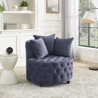 Kumix Velvet Upholstered Swivel Chair for Living Room, with Button Tufted Design and Movable Wheels, Including 3 Pillows, Lazy Swivel Chair for Kids Teens Adults, Grey