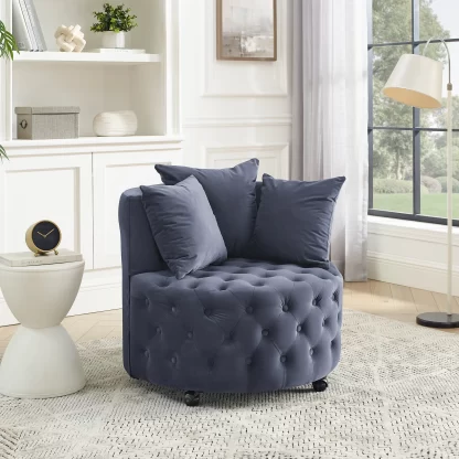 Kumix Velvet Upholstered Swivel Chair for Living Room, with Button Tufted Design and Movable Wheels, Including 3 Pillows, Lazy Swivel Chair for Kids Teens Adults, Grey