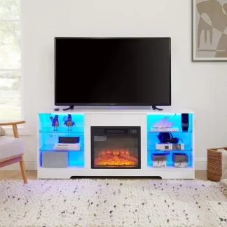 Kumix TV Stand Electric Fireplace Glass Shelves, 3D Fireplace TV Stand with LED Lights Wood with USB Charging Outlet Modern Television Table Center for TV up to 62" White, 58''W*15.5''D*24.4