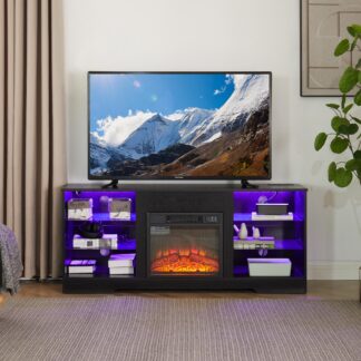 Kumix TV Stand Electric Fireplace TV Stand with Glass Shelves, 3D Fireplace TV Stand with LED Lights Wood with USB Charging Outlet Modern Television Table Center for TV up to 32-62" Black