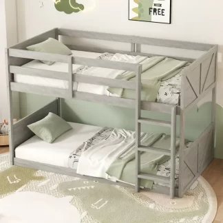 Kumix Twin over Twin Floor Bunk Bed with Panelled Headboard and Footboard, Solid Rubber Wood Foundation with Safety Guardrails, Built-in Ladder for Kids Teens Adults, Noise-Free, Antique White