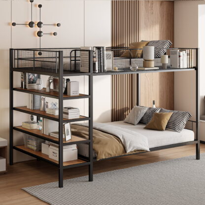 Kumix Twin Over Full Bunk Bed, Metal Bunk Bed with 5-Tier Shelves, Full Length Guardrail Metal Grid and Ladder, Heavy Duty Bunk Bed Frame for Kids Teens Adults, Space-Saving, Black