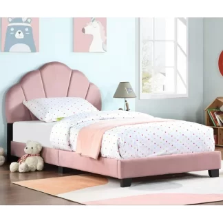Kumix Upholstered Twin Size Platform Bed for Kids, Wooden Bed Frame with Slatted Bed Base, No Box Spring Needed, Cute Bed Frame with Shell Design Headboard for Girls Boys Teens, Pink