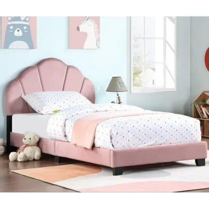 Kumix Upholstered Twin Size Platform Bed for Kids, Wooden Bed Frame with Slatted Bed Base, No Box Spring Needed, Cute Bed Frame with Shell Design Headboard for Girls Boys Teens, Pink