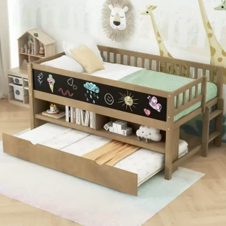 Kumix Twin Size Low Loft Bed with Trundle, Wood Loft Bed with Two Movable Shelves and Ladder, with Decorative Guardrail Chalkboard for Kids Teens Boys & Girls, No Box Spring Needed, Walnut
