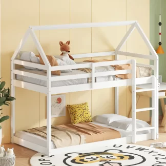 Kumix Twin over Twin Rubber Wood Floor Bunk Bed, House-Shaped-Bunk Bed with Ladder, Guardrails for Kids Teens Adults, House Bunk Bed Frame for Bedroom, Noise-Free, Easy Assembly, White