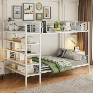 Kumix Twin Over Full Bunk Bed, Metal Bunk Bed with 5-Tier Shelves, Full Length Guardrail Metal Grid and Ladder, Heavy Duty Bunk Bed Frame for Kids Teens Adults, Space-Saving, White