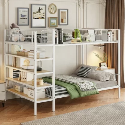 Kumix Twin Over Full Bunk Bed, Metal Bunk Bed with 5-Tier Shelves, Full Length Guardrail Metal Grid and Ladder, Heavy Duty Bunk Bed Frame for Kids Teens Adults, Space-Saving, White