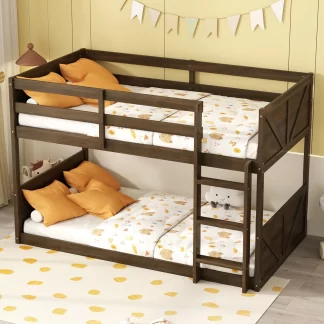 Kumix Twin over Twin Floor Bunk Bed with Panelled Headboard and Footboard, Solid Rubber Wood Foundation with Safety Guardrails, Built-in Ladder for Kids Teens Adults, Noise-Free, Antique Oak