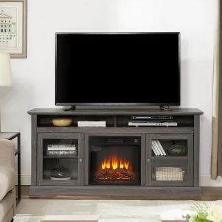 Kumix Contemporary TV Media Stand Modern Entertainment Console with 18" Fireplace Insert for TV Up to 65" with Open and Closed Storage Space, Dark Walnut/Black, 60"W*15.75"D*29"H