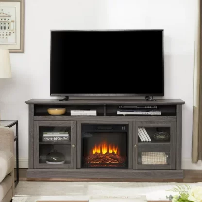 Kumix Contemporary TV Media Stand Modern Entertainment Console with 18" Fireplace Insert for TV Up to 65" with Open and Closed Storage Space, Dark Walnut/Black, 60"W*15.75"D*29"H