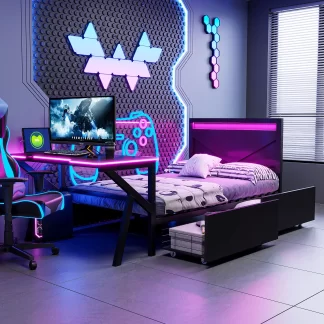 Kumix Metal Gaming Platform Bed with LED Headboard, LED Desk, USB and Two Storage Drawers, Twin Size Platform Bed for Kids Teens Adults, Metal Bed Frame for Bedroom, Dorm, Space-Saving, Black