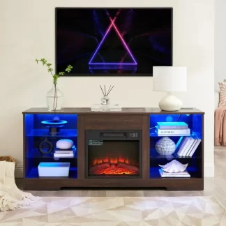 Kumix TV Stand Electric Fireplace TV Stand with Glass Shelves, 3D Fireplace TV Stand with LED Lights Wood with USB Charging Outlet Modern Television Table Center for TV up to 32-62" Espresso