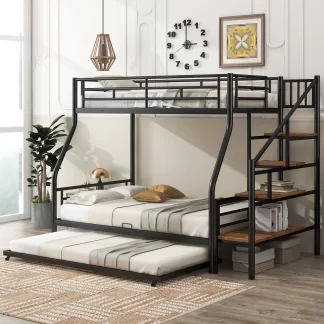 Kumix Twin over Full Size Bunk Bed with Trundle and Storage Staircase, Metal Bunk Bed with Full-Length Guardrail for Kids Teens Adults, Heavy Duty Bunk Bed Frame for Bedroom, Noise-Free, Black