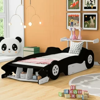 Kumix Twin Size Race Car-Shaped Platform Bed with Shelves and Wheels, Wooden Platform Bed for Kids Boys and Girls, Car-Shaped Floor Bed Frame for Bedroom, Twin Size Toddler Floor Bed, Black