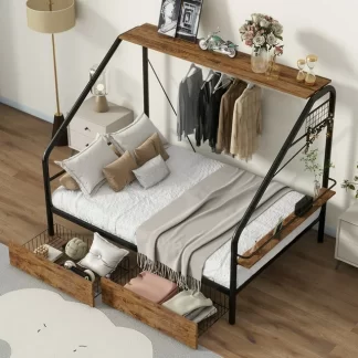 Kumix Full Size Platform Bed with Clothes Rack, Storage Shelves and 2 Drawers, Metal Platform Bed Frame for Kids Teens Adults, Full Platform Bed for Bedroom, Noise-Free, Space Saving, Black