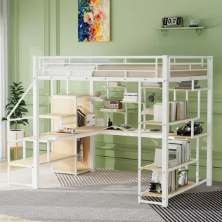 Kumix Full Size Loft Bed with Storage Staircase and Wardrobe, Built-in Desk and Storage Shelves, Metal Loft Bed Frame with Satety Guardrail and Ladder for Kids Teens Adults, Noise-Free, White