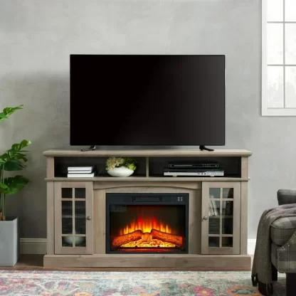 Kumix Classic TV Media Stand Modern Entertainment Console with 23" Fireplace Inset for TV Up to 65" with Open and Closed Storage Space, Gray Wash