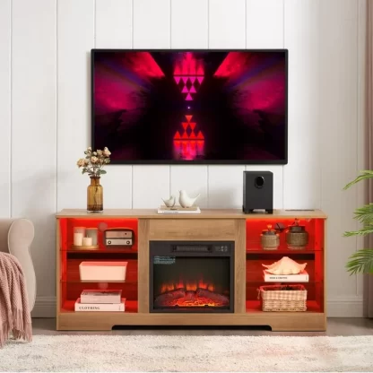 Kumix TV Stand Electric Fireplace Glass Shelves, 3D Fireplace TV Stand with LED Lights Wood with USB Charging Outlet Modern Television Table Center for TV up to 62" OAK 58''W*15.5''D*24.4