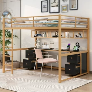 Kumix Full Size Loft Bed with Desk, Drawers and Bedside Tray, Charging Station, USB and Socket, Metal Loft Bed with Full-Length Guardrail and Ladder for Kids Adults, Noise-Free Loft Bed Frame, Gold