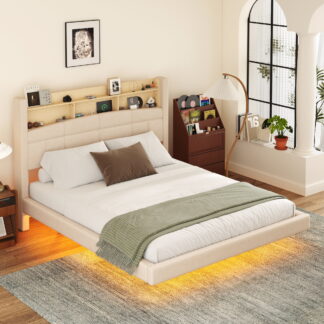Kumix Queen Size Upholstered Floating Bed with LED and Storage Headboard, Queen Platform Bed for Kids Teens Adults, Wood Bed Frame for Bedroom, Noise-Free, Easy Assembly, Beige
