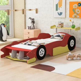 Kumix Twin Size Race Car-Shaped Platform Bed with Shelves and Wheels, Wooden Platform Bed for Kids Boys and Girls, Car-Shaped Floor Bed Frame for Bedroom, Twin Size Toddler Floor Bed, Red