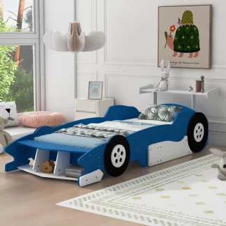 Kumix Twin Size Race Car-Shaped Platform Bed with Shelves and Wheels, Wooden Platform Bed for Kids Boys and Girls, Car-Shaped Floor Bed Frame for Bedroom, Twin Size Toddler Floor Bed, Blue