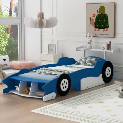 Kumix Twin Size Race Car-Shaped Platform Bed with Shelves and Wheels, Wooden Platform Bed for Kids Boys and Girls, Car-Shaped Floor Bed Frame for Bedroom, Twin Size Toddler Floor Bed, Blue