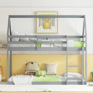 Kumix Twin over Twin Rubber Wood Floor Bunk Bed, House-Shaped-Bunk Bed with Ladder, Guardrails for Kids Teens Adults, House Bunk Bed Frame for Bedroom, Noise-Free, Easy Assembly, Grey