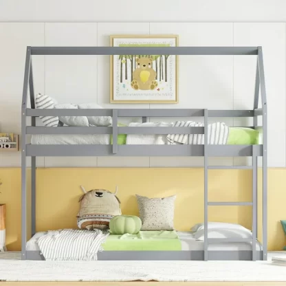 Kumix Twin over Twin Rubber Wood Floor Bunk Bed, House-Shaped-Bunk Bed with Ladder, Guardrails for Kids Teens Adults, House Bunk Bed Frame for Bedroom, Noise-Free, Easy Assembly, Grey
