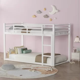 Kumix Bunk Bed Twin over Twin, Metal Bunk Bed for Kids, Adults, Low Bunk Bed with Safety Guardrails and Built-in Ladder, Noise Free Twin Bunk Beds for Bedroom, Dormitory, White