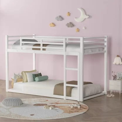 Kumix Bunk Bed Twin over Twin, Metal Bunk Bed for Kids, Adults, Low Bunk Bed with Safety Guardrails and Built-in Ladder, Noise Free Twin Bunk Beds for Bedroom, Dormitory, White